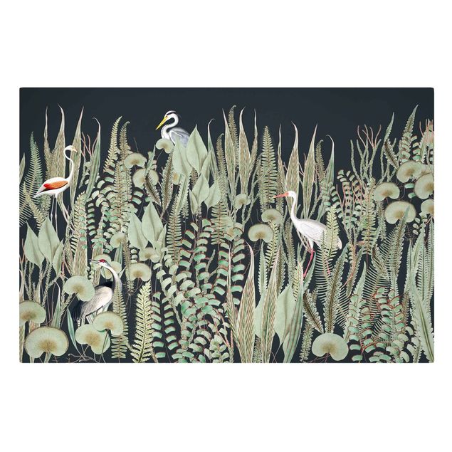 Wanddeko grün Flamingo und Storch mit Pflanzen auf Grün