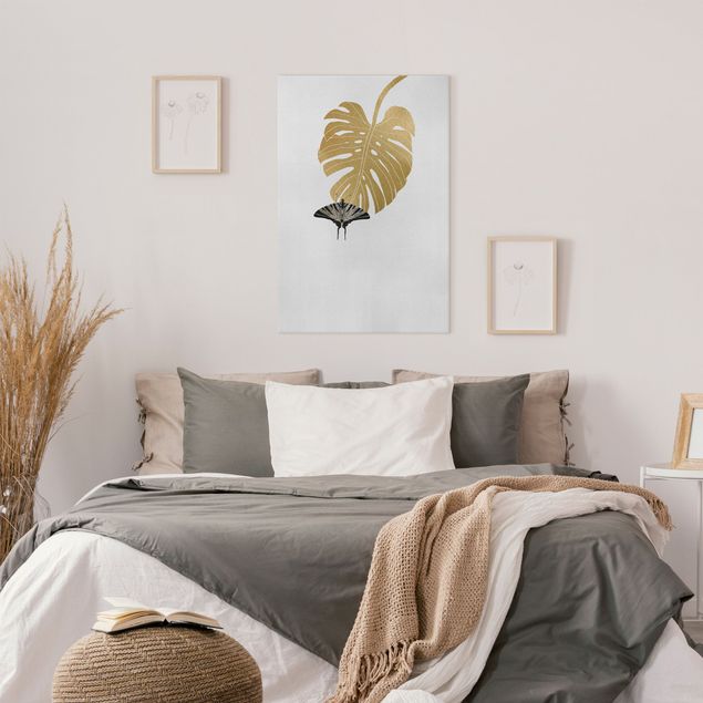 Wanddeko Schlafzimmer Goldene Monstera mit Schmetterling
