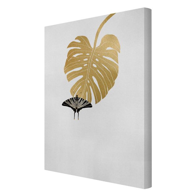 Wanddeko Büro Goldene Monstera mit Schmetterling