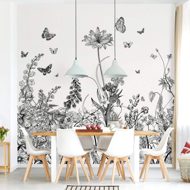 Wanddeko Wohnzimmer Große Blumen mit Schmetterlingen in Schwarz