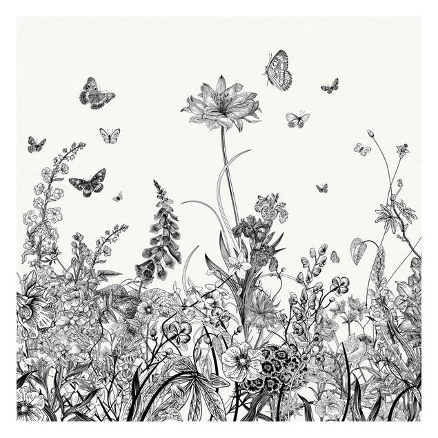 Schmetterling Tapete Große Blumen mit Schmetterlingen in Schwarz