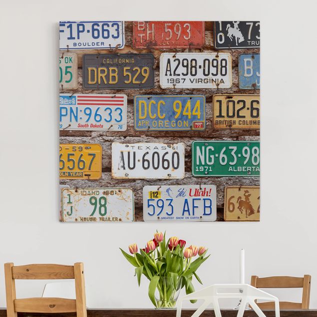 Wanddeko Wohnzimmer Amerikanische Nummernschilder auf Holz