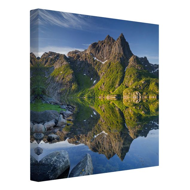 Wanddeko Esszimmer Berglandschaft mit Wasserspiegelung in Norwegen