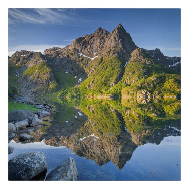 Wanddeko grün Berglandschaft mit Wasserspiegelung in Norwegen