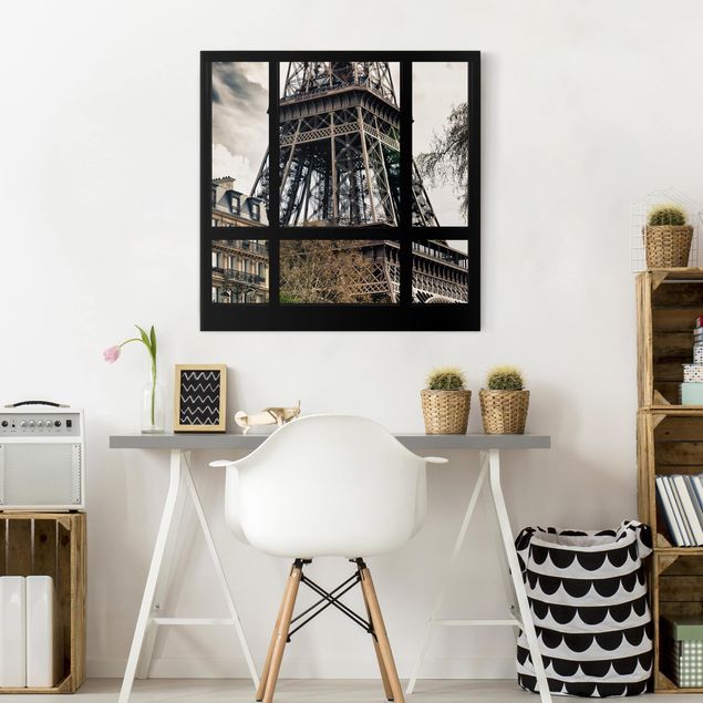 Wanddeko Schlafzimmer Fensterausblick Paris - Nahe am Eiffelturm schwarz weiss
