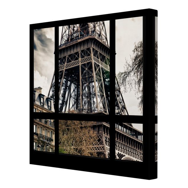 Wanddeko Esszimmer Fensterausblick Paris - Nahe am Eiffelturm schwarz weiß
