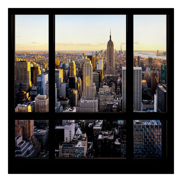 Wanddeko Esszimmer Fensterblick am Abend über New York
