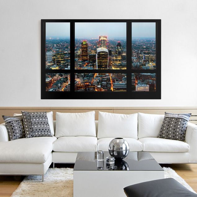 Wandbilder London Fensterblick auf beleuchtete Skyline von London