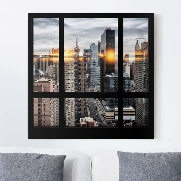Wanddeko Schlafzimmer Fensterblick New York mit Sonnen-Reflexion