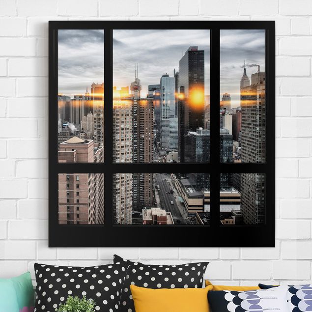 Wanddeko Wohnzimmer Fensterblick New York mit Sonnen-Reflexion