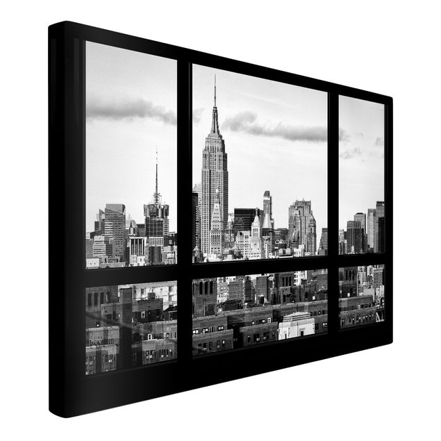 Wanddeko Flur Fensterblick New York Skyline schwarz weiss