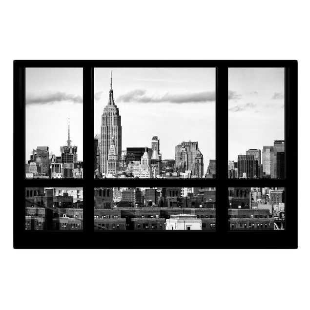Wanddeko Esszimmer Fensterblick New York Skyline schwarz weiss