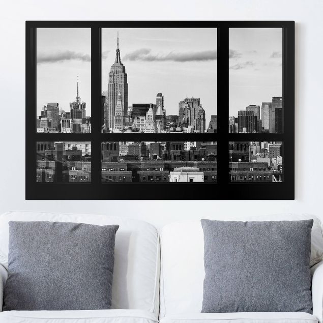 Wanddeko Wohnzimmer Fensterblick New York Skyline schwarz weiss