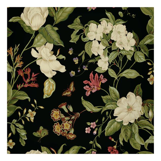 Wanddeko Esszimmer Gartenblumen auf Schwarz II