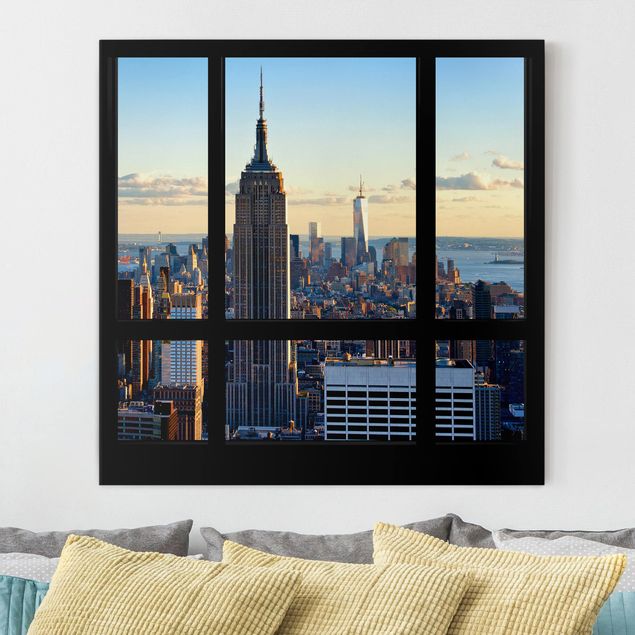 Wanddeko Schlafzimmer New York Fensterblick auf Empire State Building