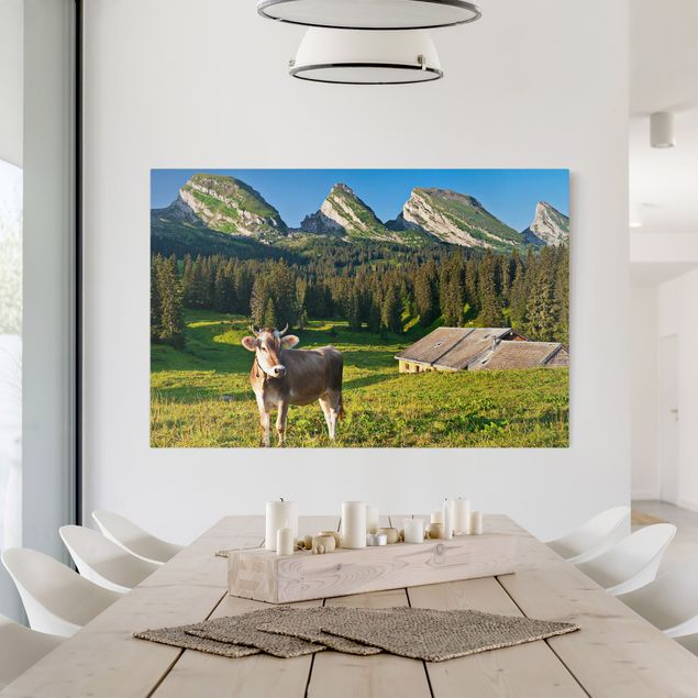 Wanddeko Schlafzimmer Schweizer Almwiese mit Kuh
