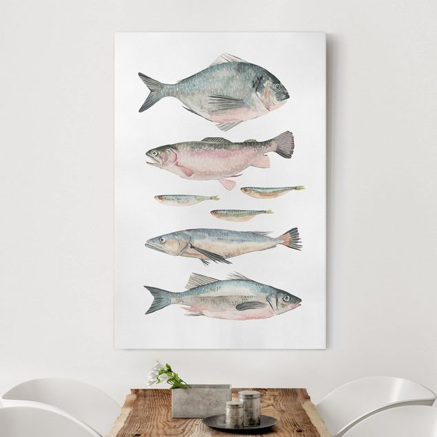 Küchen Deko Sieben Fische in Aquarell II