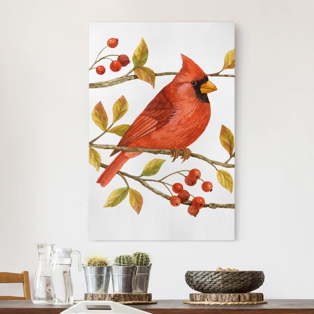 Wanddeko Wohnzimmer Vögel und Beeren - Rotkardinal
