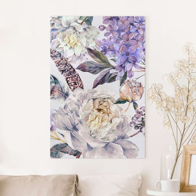 Wanddeko Wohnzimmer Zartes Aquarell Boho Blüten und Federn Muster