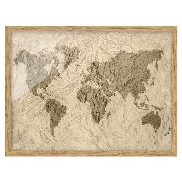 Wanddeko Flur Papier Weltkarte Beige Braun