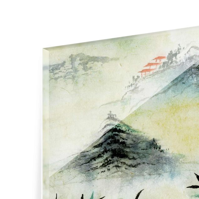 Glasbild Berg Japanische Aquarell Zeichnung Bambuswald