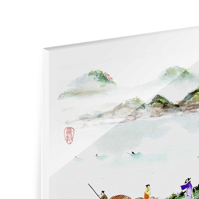Wanddeko über Sofa Japanische Aquarell Zeichnung See und Berge