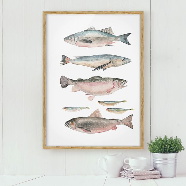 Wanddeko Wohnzimmer Sieben Fische in Aquarell I