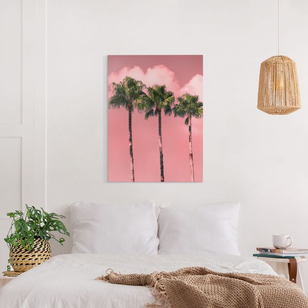 Wanddeko Schlafzimmer Palmen vor Himmel Rosa