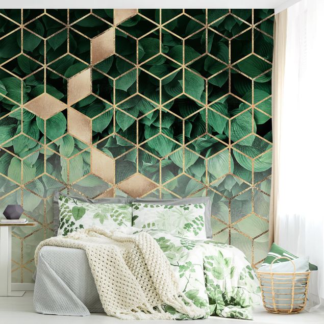 Wanddeko Esszimmer Grüne Blätter goldene Geometrie
