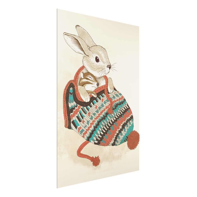Wanddeko Flur Illustration Kuschelnder Hase in Mütze