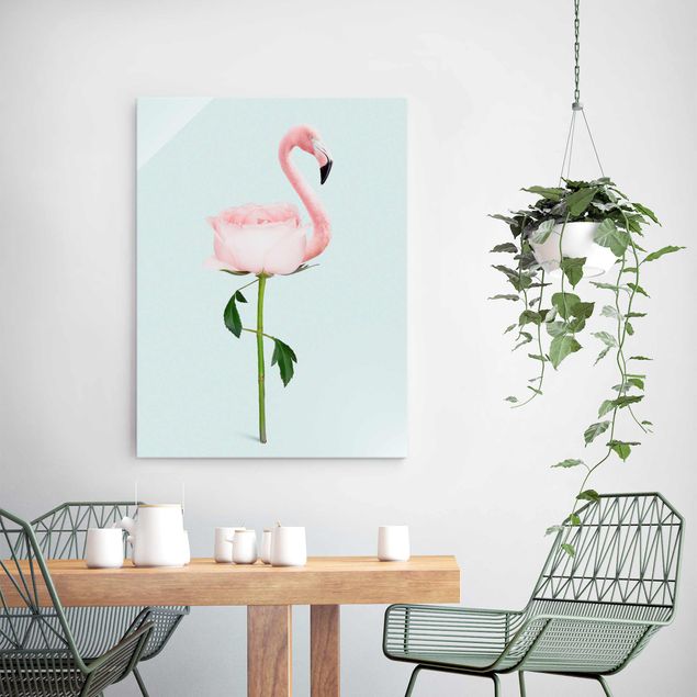 Glasbilder Rose Flamingo mit Rose