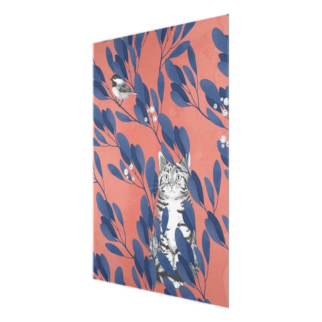 Wandbilder Katzen Illustration Katze und Vogel auf Ast Blau Rot
