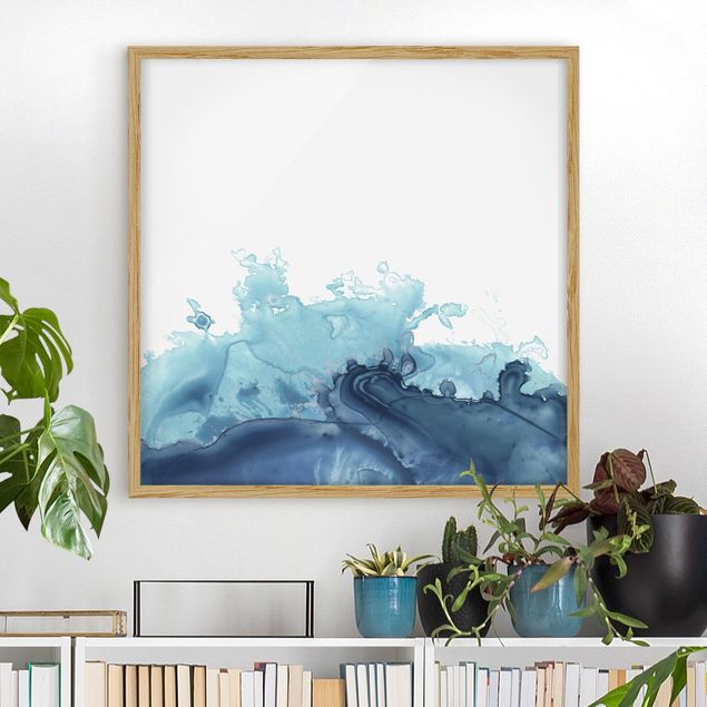 Strandbilder mit Rahmen Welle Aquarell Blau I