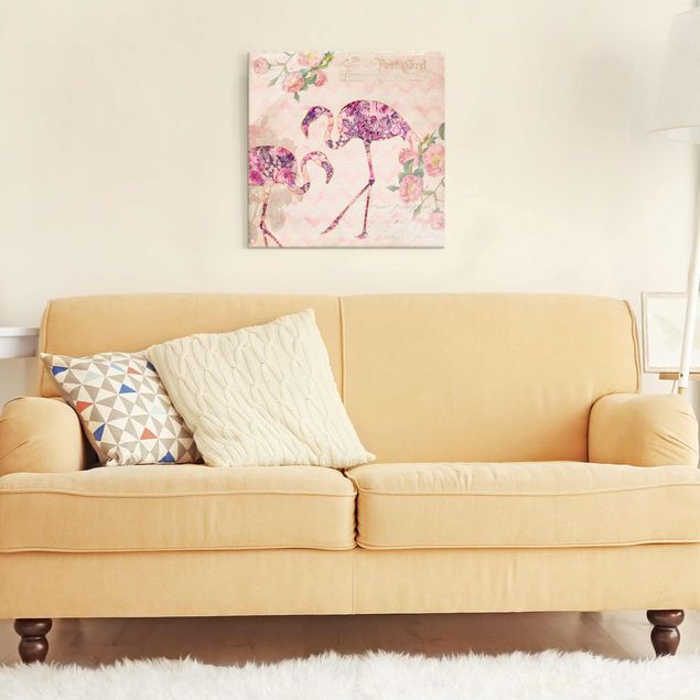 Wanddeko Schlafzimmer Vintage Collage - Rosa Blüten Flamingos