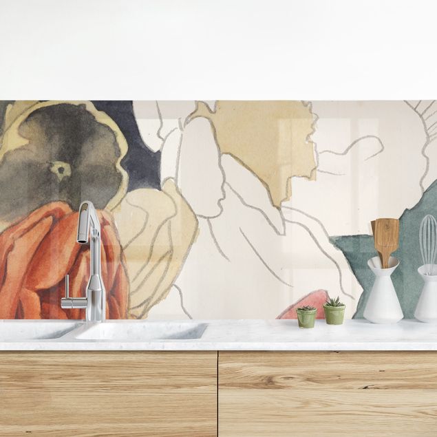 Küchenrückwand - Zeichnung Blumenbouquet in Rot und Sepia II