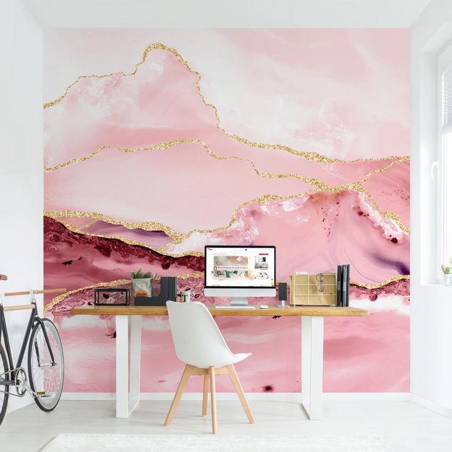 Fototapete Marmor Abstrakte Berge Rosa mit Goldenen Linien