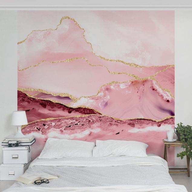 Wanddeko Wohnzimmer Abstrakte Berge Rosa mit Goldenen Linien