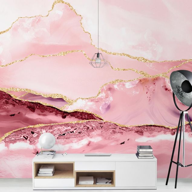 Wanddeko Schlafzimmer Abstrakte Berge Rosa mit Goldenen Linien