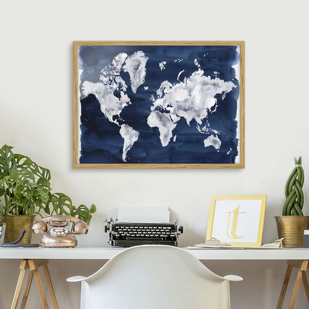 Wanddeko Wohnzimmer Wasser-Weltkarte dunkel