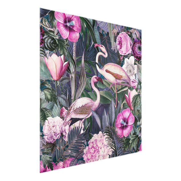 Wanddeko Flur Bunte Collage - Pinke Flamingos im Dschungel