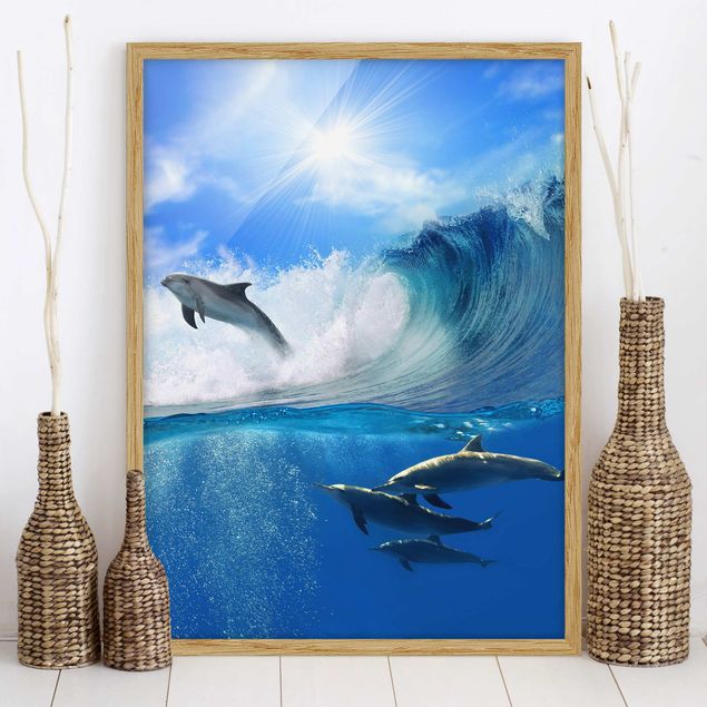 Strandbilder mit Rahmen Playing Dolphins