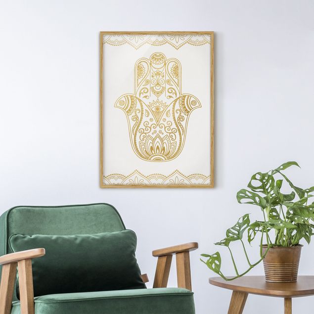 Wanddeko Wohnzimmer Hamsa Hand Illustration weiß gold
