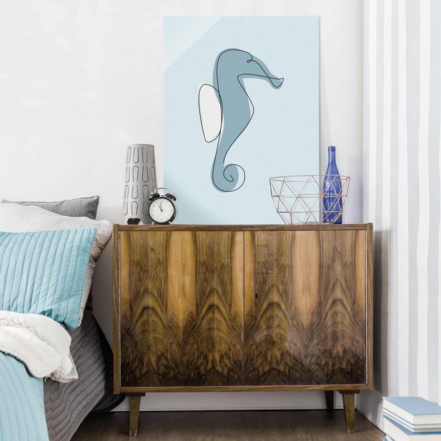 Wanddeko blau Seepferdchen Line Art