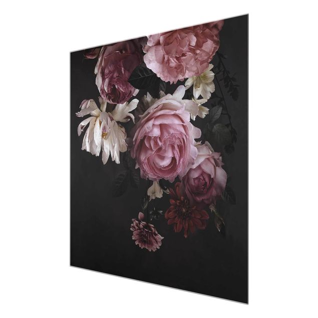 Wanddeko Esszimmer Rosa Blumen auf Schwarz Vintage