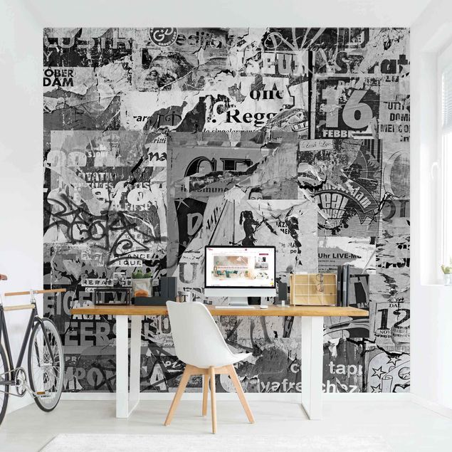 Wanddeko Wohnzimmer Alte Plakatwand II Schwarz-Weiß