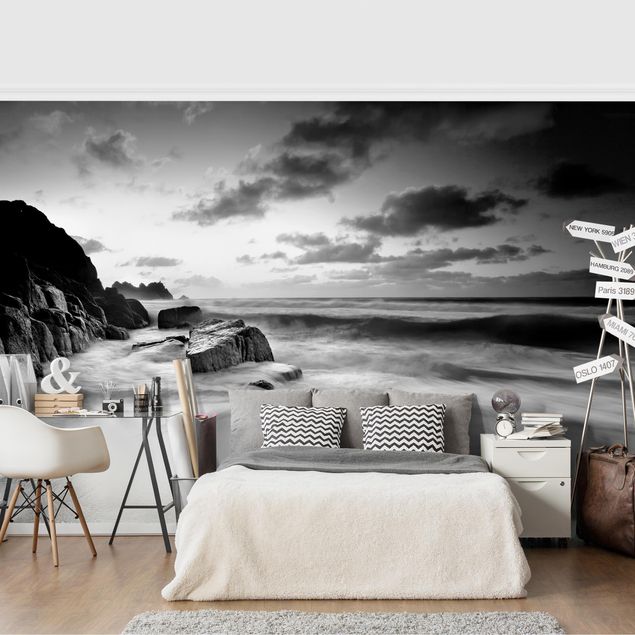 Wanddeko Esszimmer Am Meer in Cornwall Schwarz-Weiß