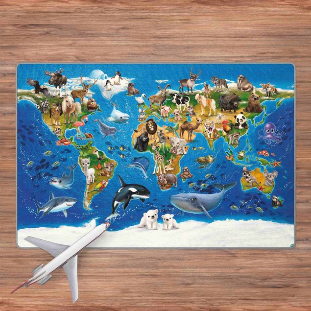 Wanddeko Büro Animal Club International - Weltkarte mit Tieren