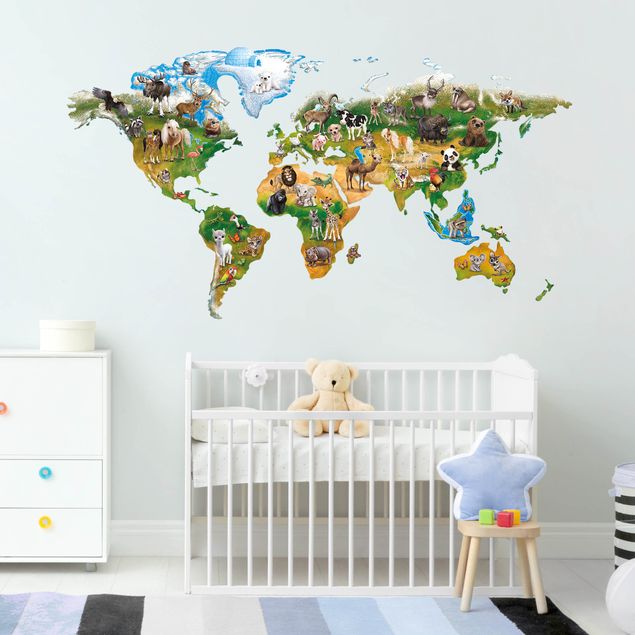 Wanddeko Babyzimmer Animal Club International - Weltkarte mit Tieren