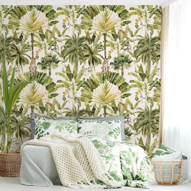 Wanddeko Schlafzimmer Aquarell Bananenpalme und Leopard Muster