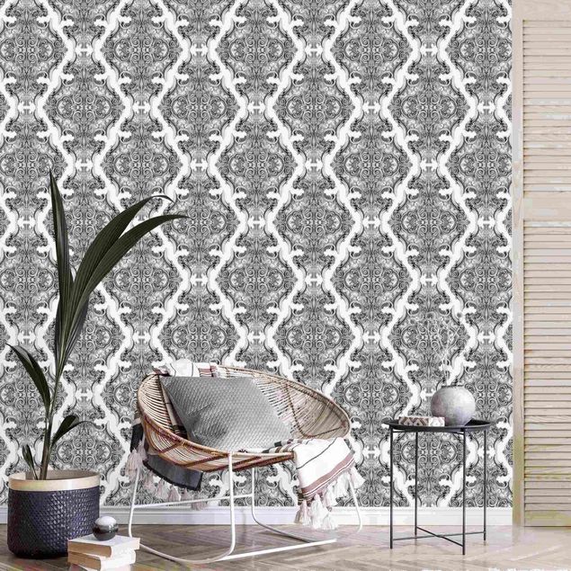Wanddeko Wohnzimmer Aquarell Barock Muster in Grau